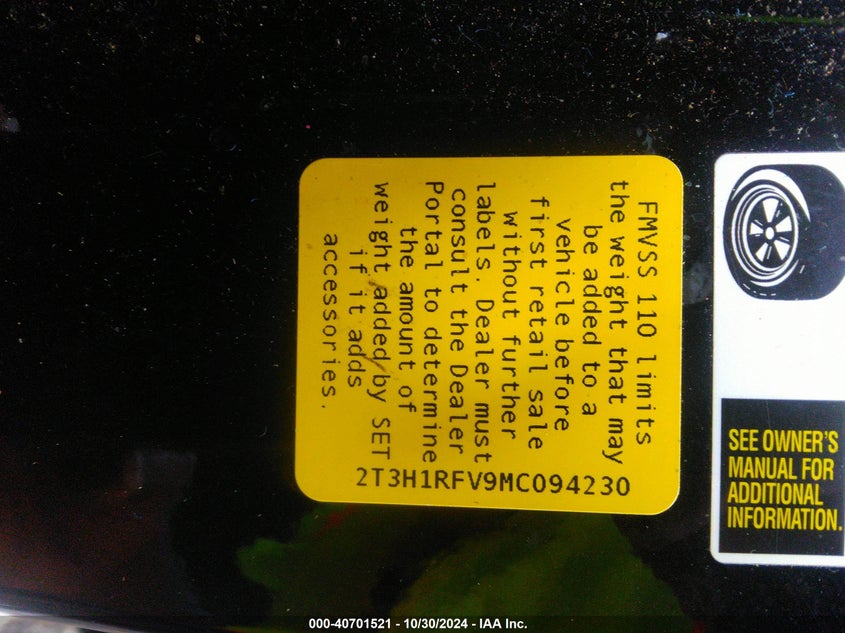 2021 TOYOTA RAV4 2.5L I-4 DI, DOHC, V(VIN: 2T3H1RFV9MC094230
