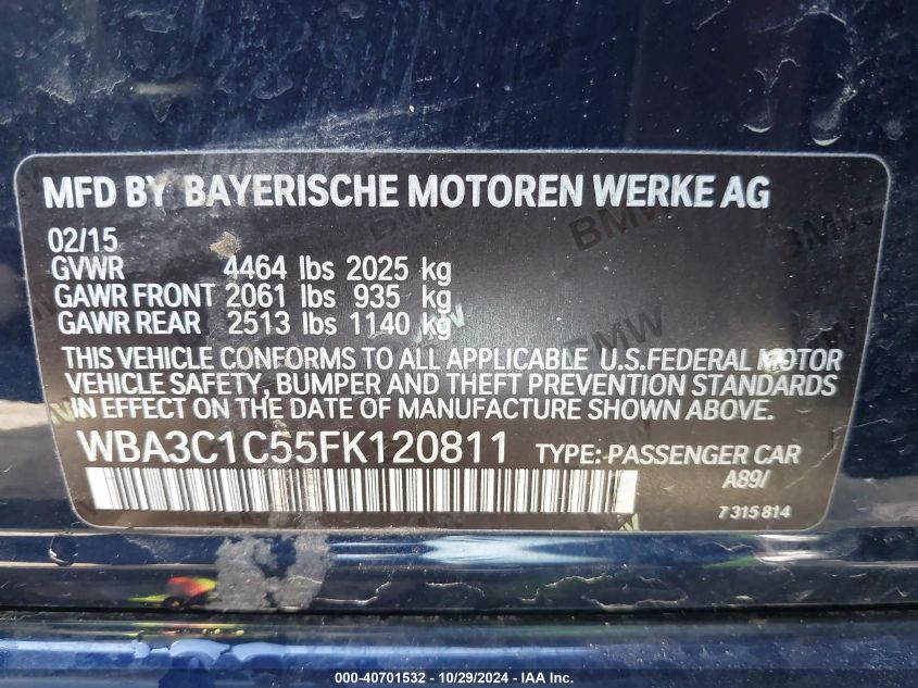 2015 BMW 328I VIN: WBA3C1C55FK120811 Lot: 40701532