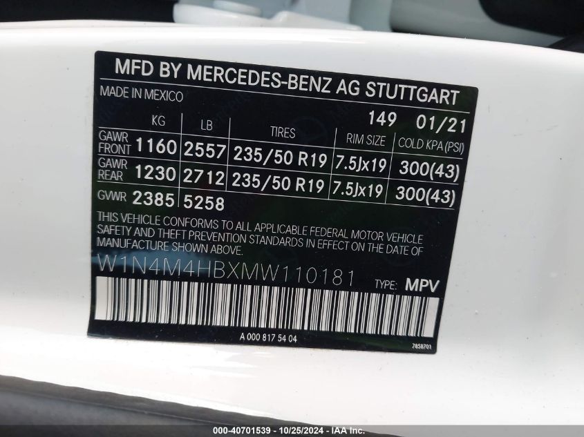 2021 Mercedes-Benz Glb 250 4Matic VIN: W1N4M4HBXMW110181 Lot: 40701539