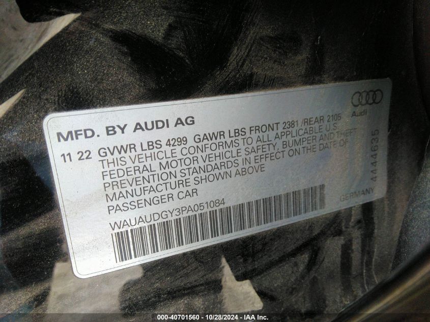 VIN WAUAUDGY3PA051084 2023 Audi A3, Premium 40 Tfsi... no.9