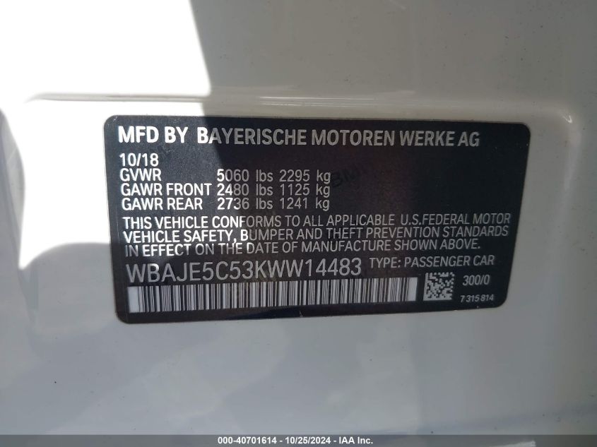 VIN WBAJE5C53KWW14483 2019 BMW 5 Series, 540I no.9