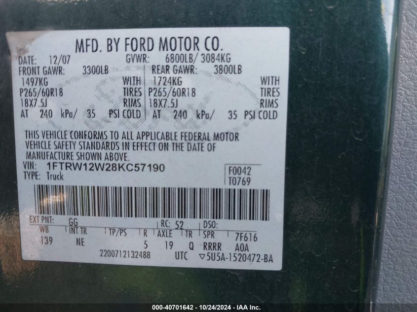 2008 Ford F-150 60Th Anniversary/Fx2/Xl/Xlt VIN: 1FTRW12W28KC57190 Lot: 40701642