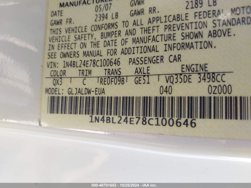 2008 Nissan Altima 3.5 Se VIN: 1N4BL24E78C100646 Lot: 40701652