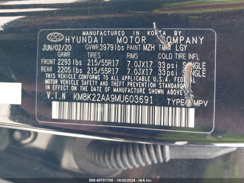 2021 Hyundai Kona Sel VIN: KM8K22AA9MU603691 Lot: 40701705