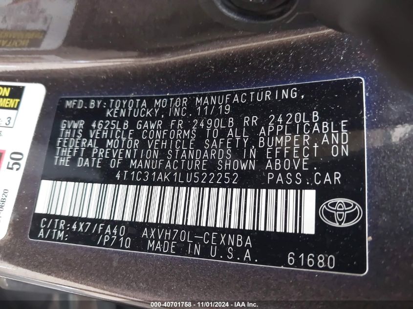 2020 Toyota Camry Le Hybrid VIN: 4T1C31AK1LU522252 Lot: 40701758