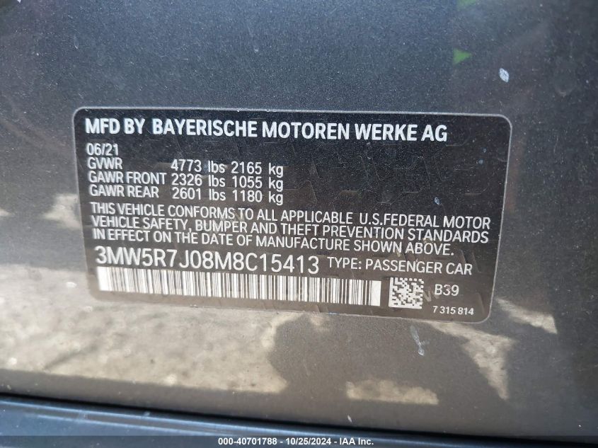 2021 BMW 330I xDrive VIN: 3MW5R7J08M8C15413 Lot: 40701788