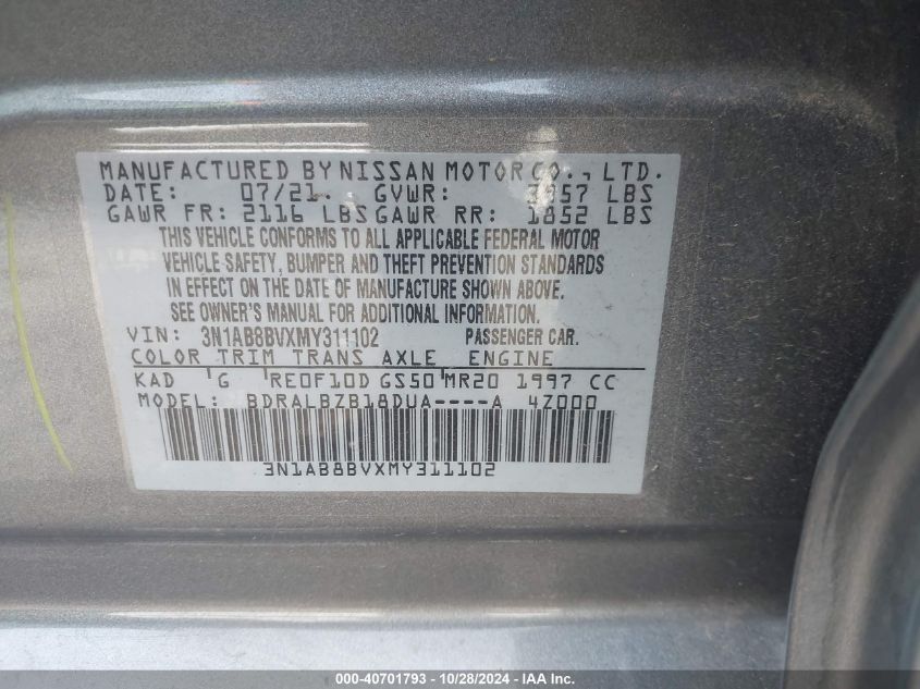 VIN 3N1AB8BVXMY311102 2021 Nissan Sentra, S Xtronic... no.9