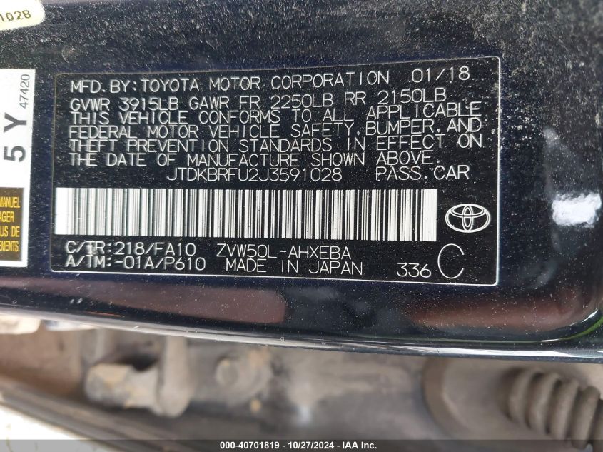 2018 Toyota Prius Two VIN: JTDKBRFU2J3591028 Lot: 40701819