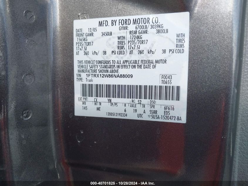 2006 Ford F-150 Stx/Xl/Xlt VIN: 1FTRX12W86NA88009 Lot: 40701825