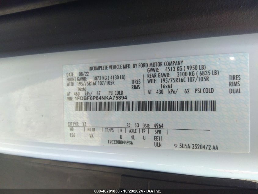 2022 Ford Transit-350 Cutaway VIN: 1FDBF6P84NKA75894 Lot: 40701830