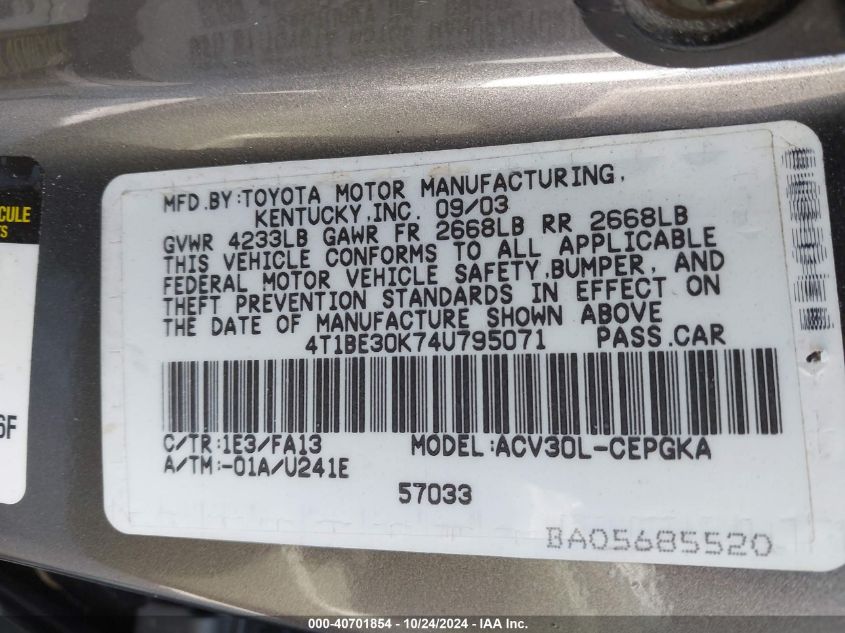 2004 Toyota Camry Xle VIN: 4T1BE30K74U795071 Lot: 40701854