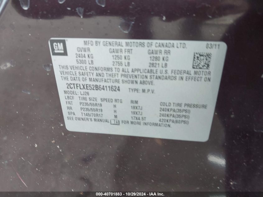 2011 GMC Terrain Slt VIN: 2CTFLXE52B641162 Lot: 40701883