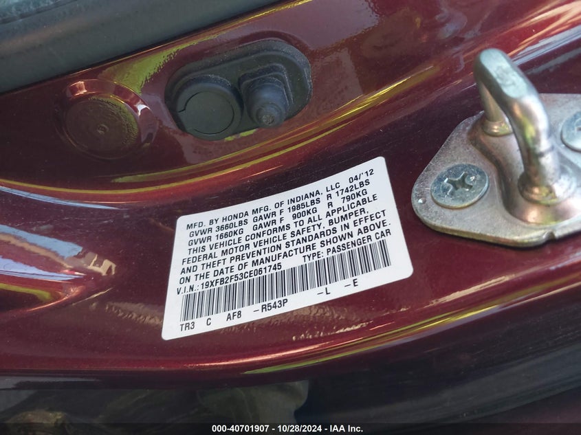 2012 Honda Civic Sdn Lx VIN: 19XFB2F53CE061745 Lot: 40701907