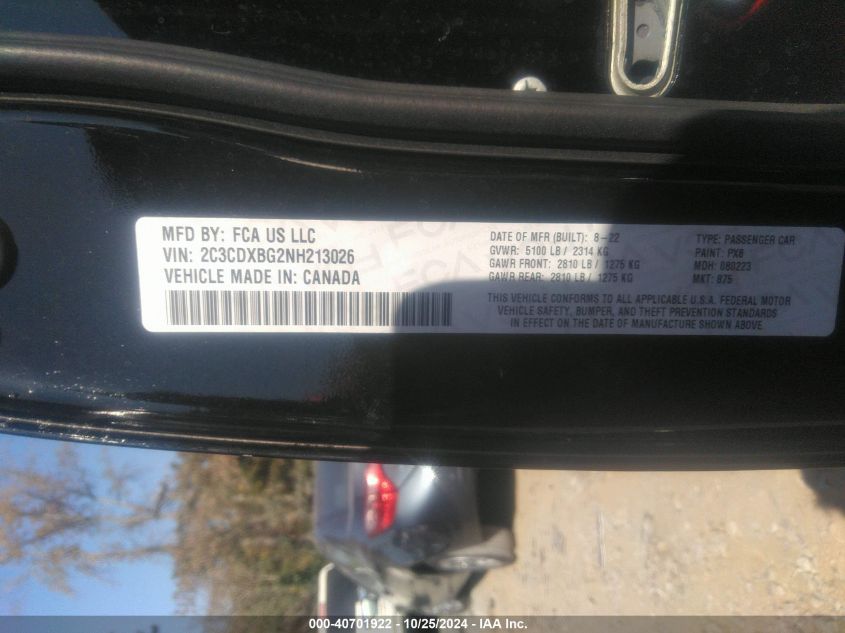 2022 DODGE CHARGER VIN: 2C3CDXBG2NH213026