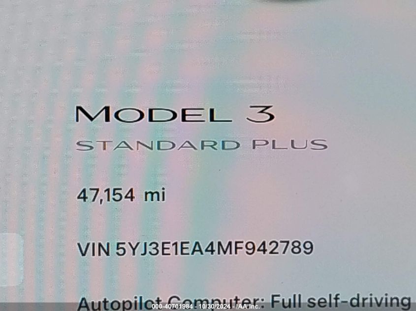 2021 Tesla Model 3 Standard Range Plus Rear-Wheel Drive VIN: 5YJ3E1EA4MF942789 Lot: 40701984