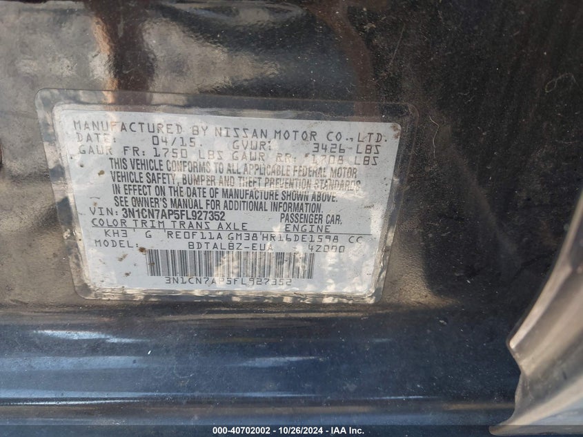 2015 NISSAN VERSA 1.6 SV - 3N1CN7AP5FL927352