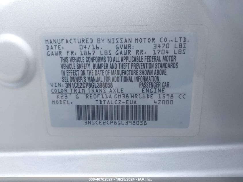 VIN 3N1CE2CP8GL398058 2016 NISSAN VERSA NOTE no.9