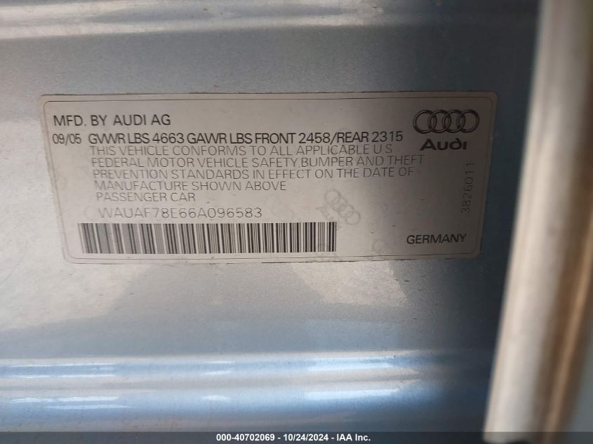 2006 Audi A4 2.0T VIN: WAUAF78E66A096583 Lot: 40702069