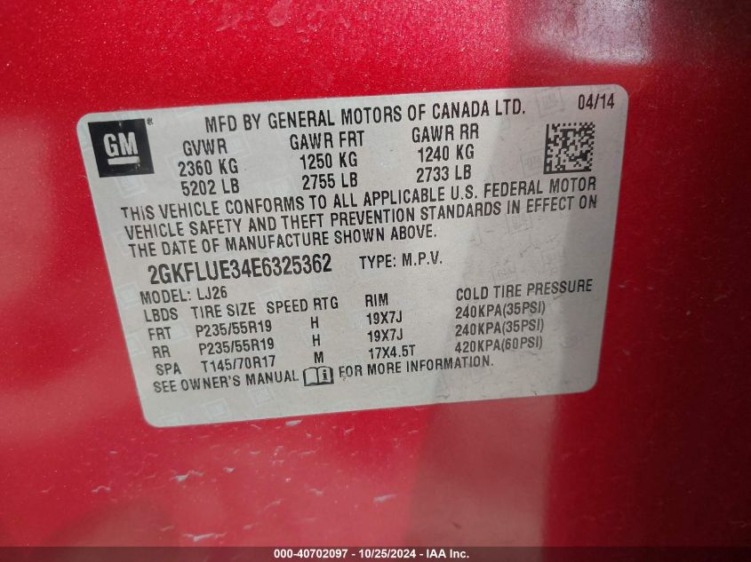 2014 GMC Terrain Denali VIN: 2GKFLUE34E6325362 Lot: 40702097