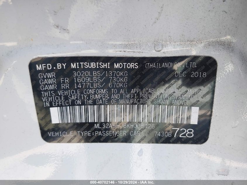 2019 Mitsubishi Mirage Le VIN: ML32A5HJ8KH006426 Lot: 40702146