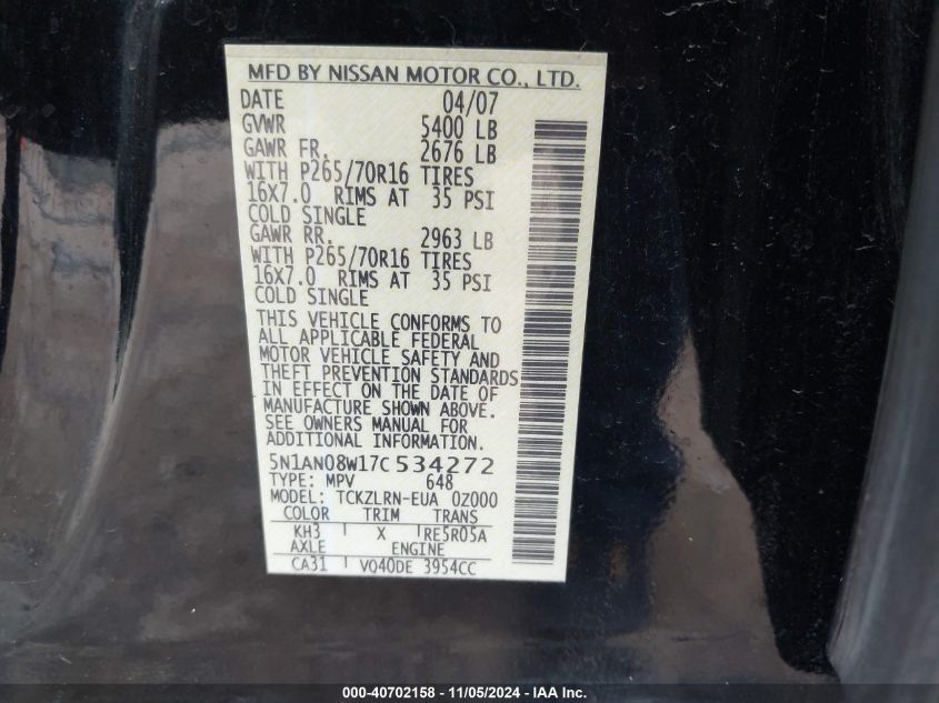 2007 Nissan Xterra S VIN: 5N1AN08W17C534272 Lot: 40702158