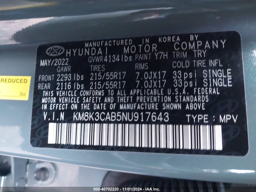 VIN KM8K3CAB5NU917643 2022 HYUNDAI KONA SEL