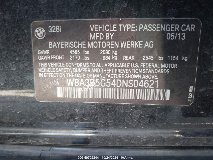 2013 BMW 328I xDrive VIN: WBA3B5G54DNS04621 Lot: 40702244