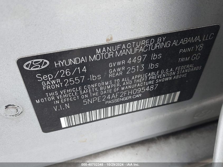 2015 Hyundai Sonata Se VIN: 5NPE24AF2FH095487 Lot: 40702348