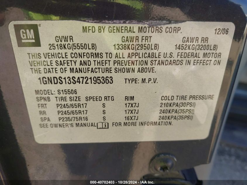 2007 Chevrolet Trailblazer Ls VIN: 1GNDS13S472195368 Lot: 40702403