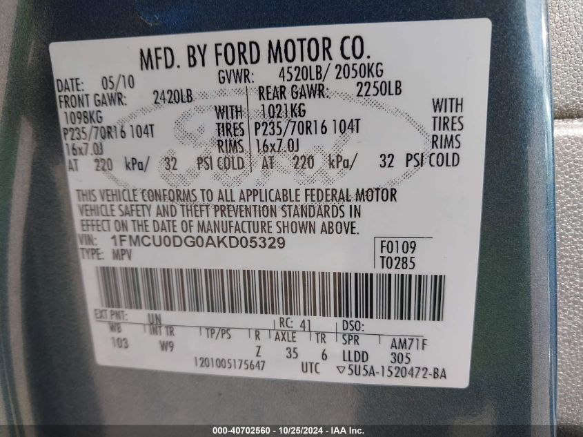 2010 Ford Escape Xlt VIN: 1FMCU0DG0AKD05329 Lot: 40702560