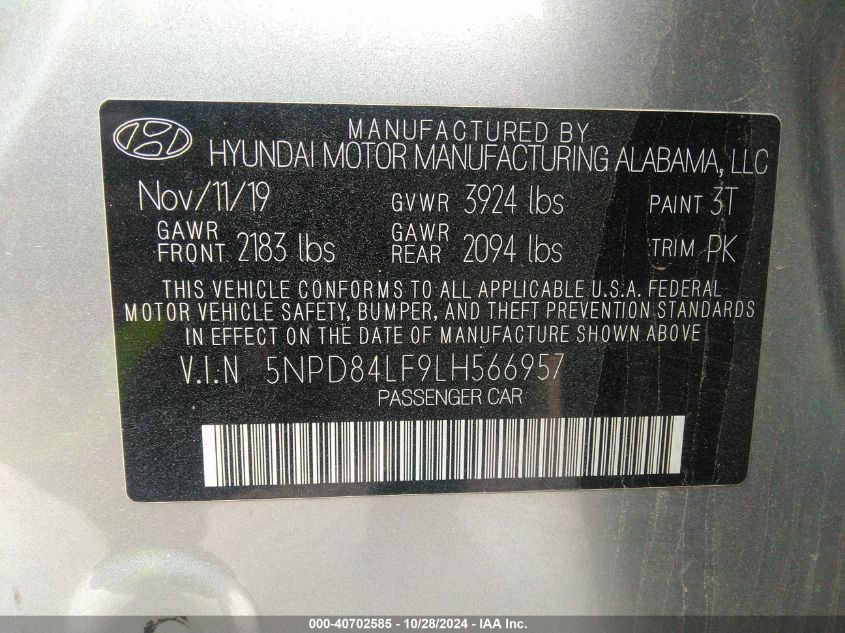 2020 Hyundai Elantra Sel VIN: 5NPD84LF9LH566957 Lot: 40702585