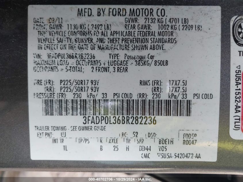 2011 Ford Fusion Hybrid VIN: 3FADP0L36BR282236 Lot: 40702706