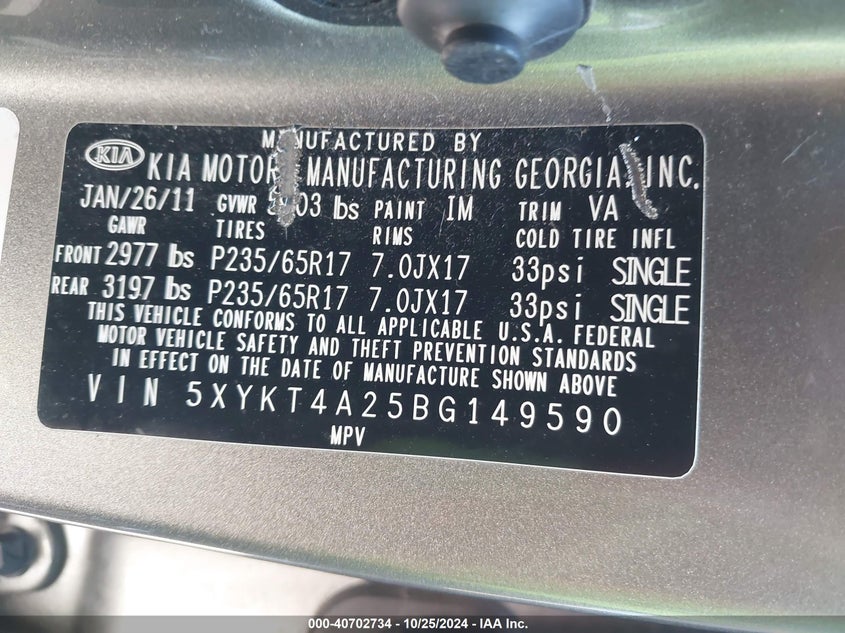 2011 Kia Sorento Lx V6 VIN: 5XYKT4A25BG149590 Lot: 40702734