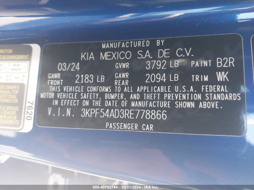 2024 Kia Forte Gt-Line VIN: 3KPF54AD3RE778866 Lot: 40702744