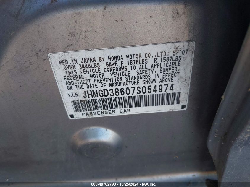 2007 Honda Fit Sport VIN: JHMGD38607S054974 Lot: 40702790
