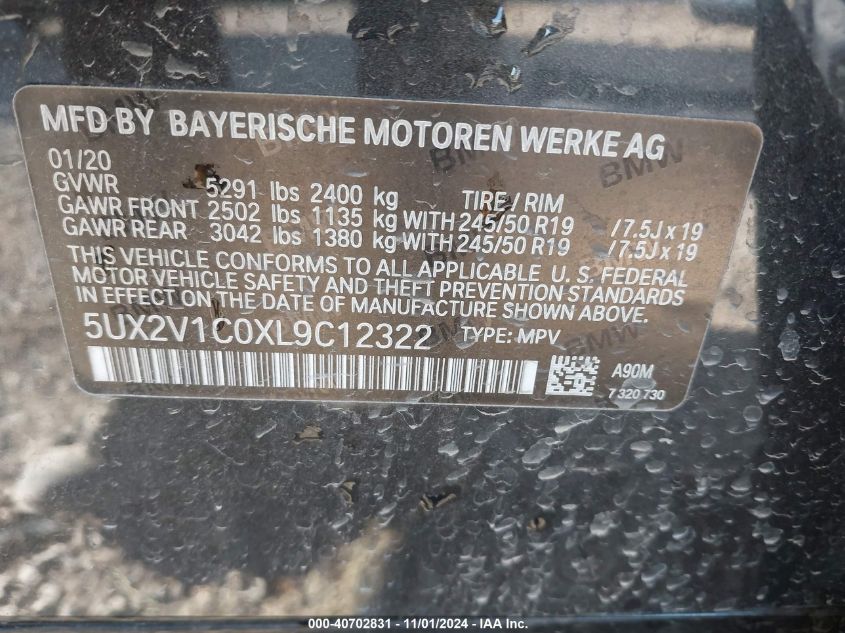 2020 BMW X4 xDrive30I VIN: 5UX2V1C0XL9C12322 Lot: 40702831