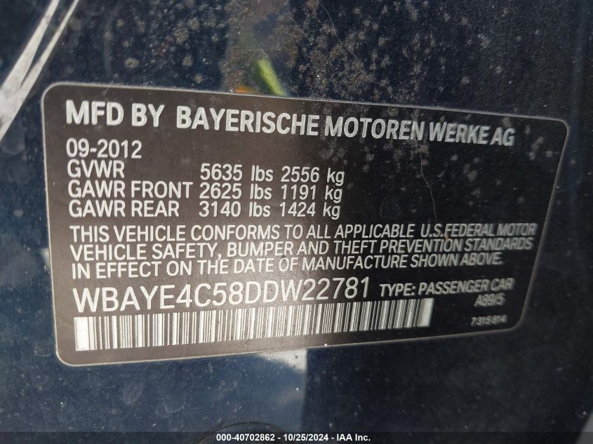 2013 BMW 740Li VIN: WBAYE4C58DDW22781 Lot: 40702862