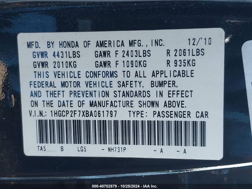 2011 Honda Accord 2.4 Ex VIN: 1HGCP2F7XBA061797 Lot: 40702879