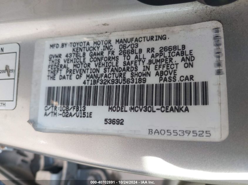 2003 Toyota Camry Le V6 VIN: 4T1BF32K93U563189 Lot: 40702891