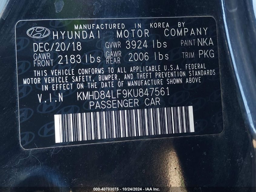 2019 Hyundai Elantra Sel VIN: KMHD84LF9KU847561 Lot: 40703075