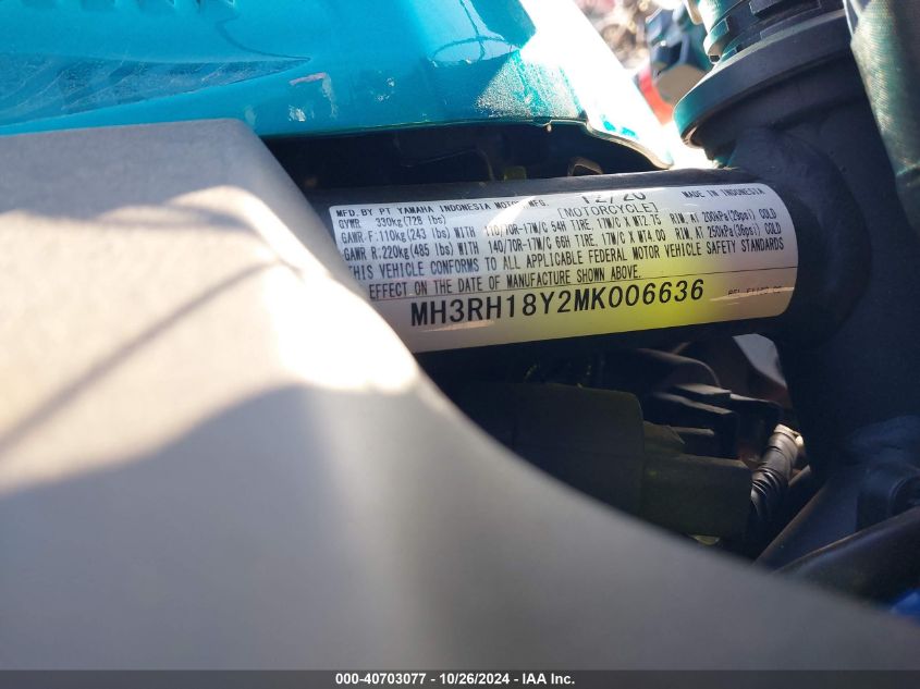 VIN MH3RH18Y2MK006636 2021 YAMAHA YZFR3 A