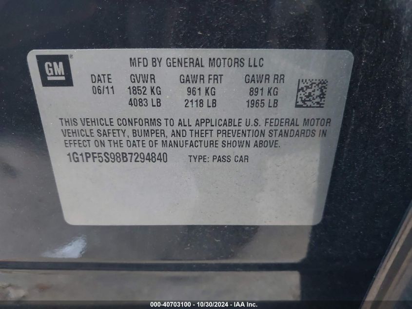 2011 Chevrolet Cruze 1Lt VIN: 1G1PF5S98B7294840 Lot: 40703100