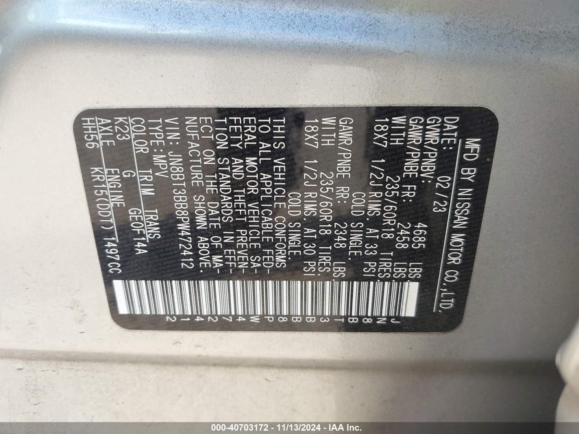 2023 NISSAN ROGUE VIN: JN8BT3BB8PW472412