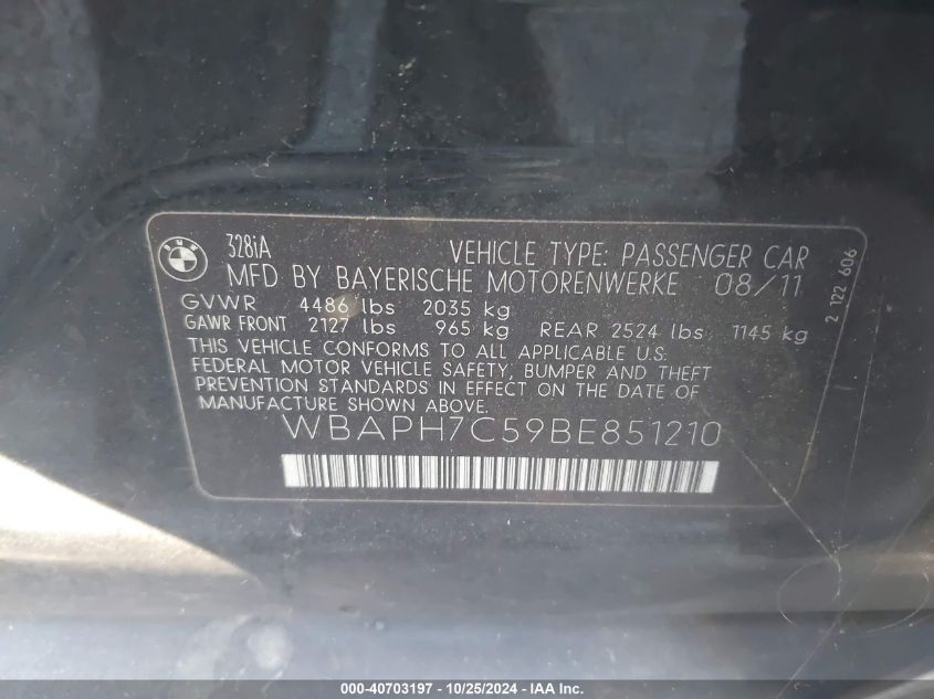 2011 BMW 328I VIN: WBAPH7C59BE851210 Lot: 40703197