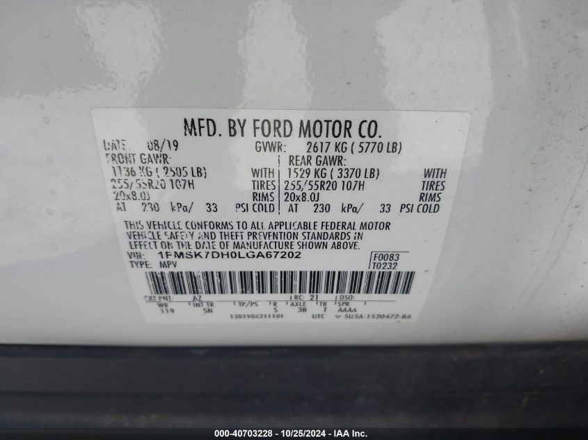 2020 Ford Explorer Xlt VIN: 1FMSK7DH0LGA67202 Lot: 40703228