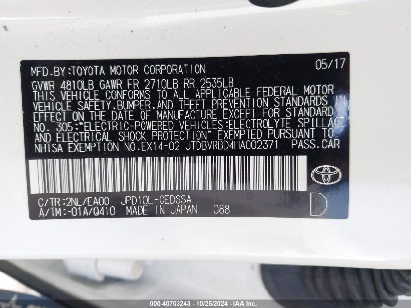 2017 Toyota Mirai VIN: JTDBVRBD4HA002371 Lot: 40703243