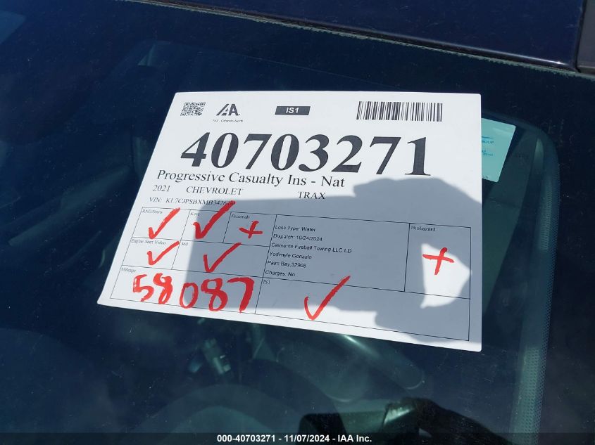 2021 Chevrolet Trax Awd Lt VIN: KL7CJPSBXMB342614 Lot: 40703271