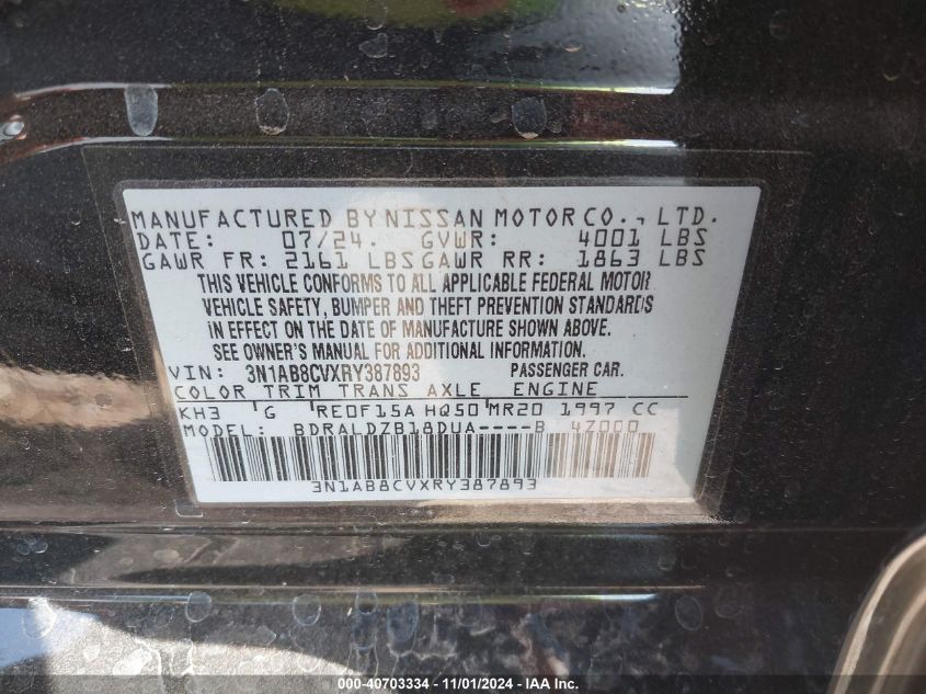 2024 Nissan Sentra Sv Xtronic Cvt VIN: 3N1AB8CVXRY387893 Lot: 40703334