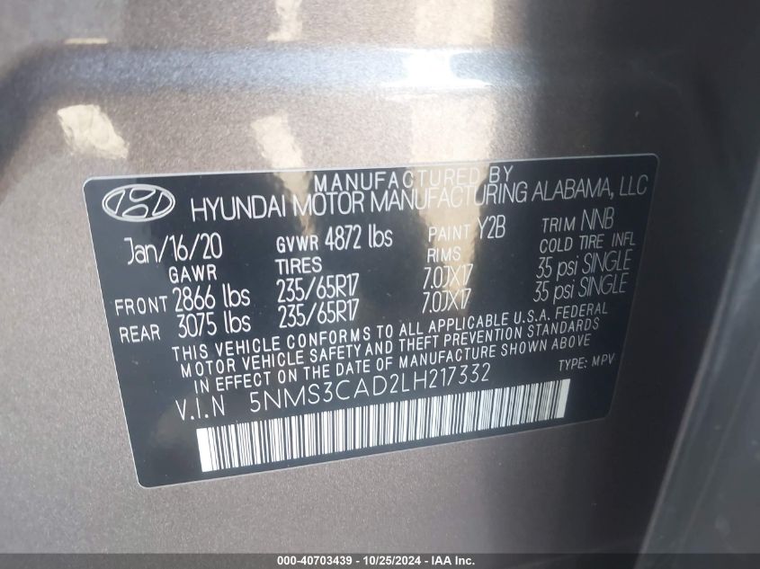 2020 Hyundai Santa Fe Sel VIN: 5NMS3CAD2LH217332 Lot: 40703439