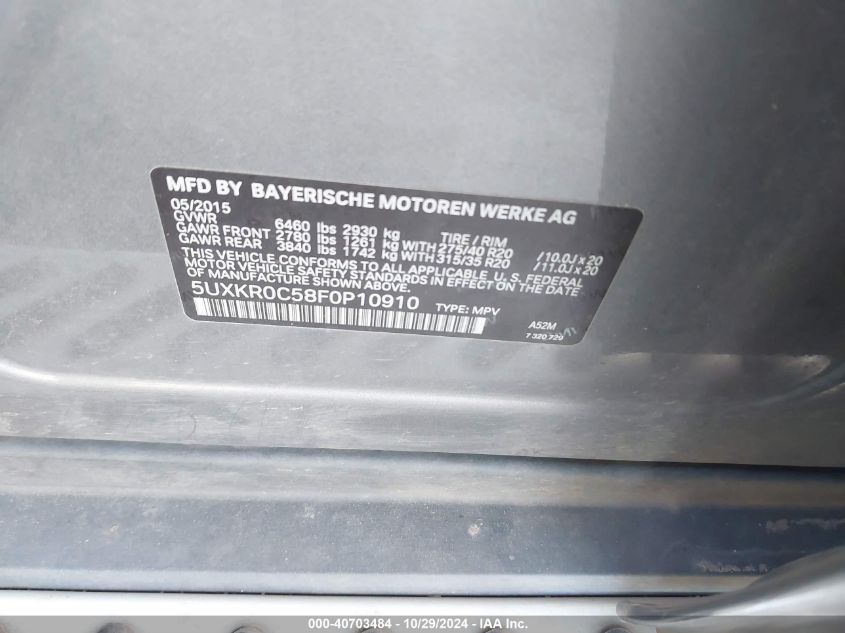 2015 BMW X5 XDRIVE35I - 5UXKR0C58F0P10910